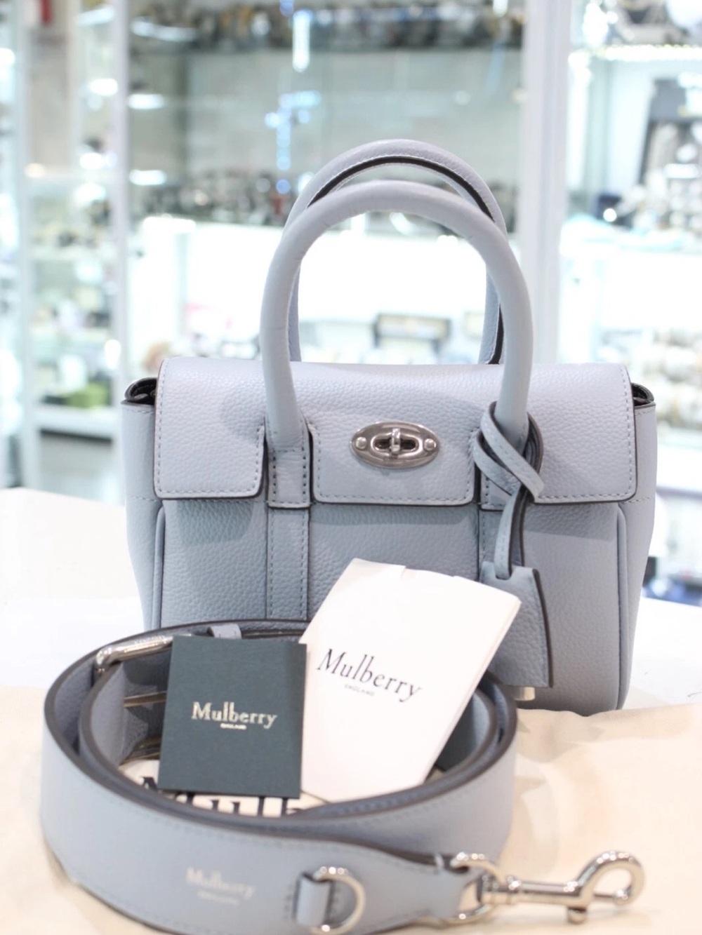 Mulberry Light Blue Leather Top-Handle Satchel with Detachable Strap